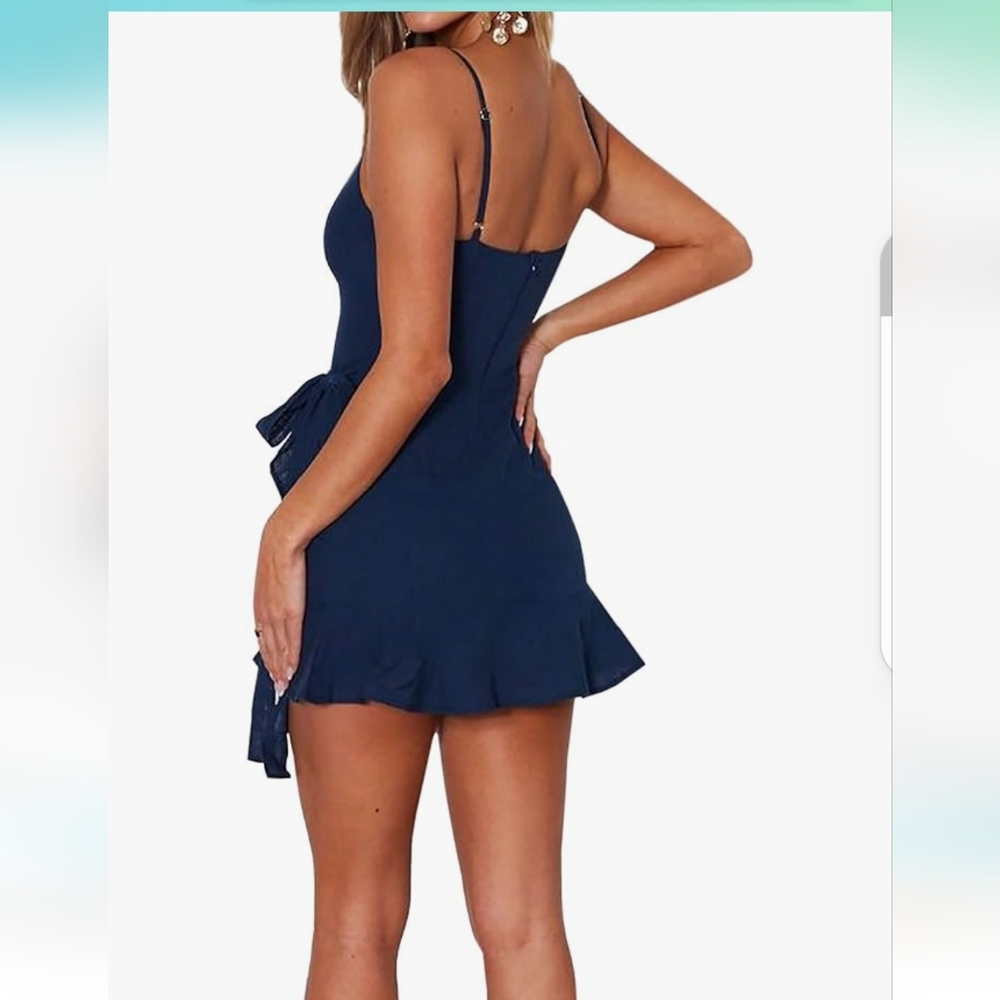 Navy blue ruffle hem wrap dress - Picture 3 of 8